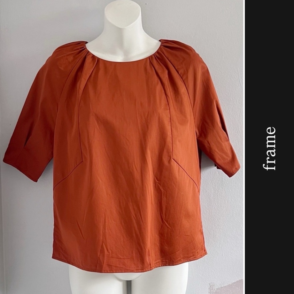 Frame Short Sleeve Blouse in Rust Orange • M